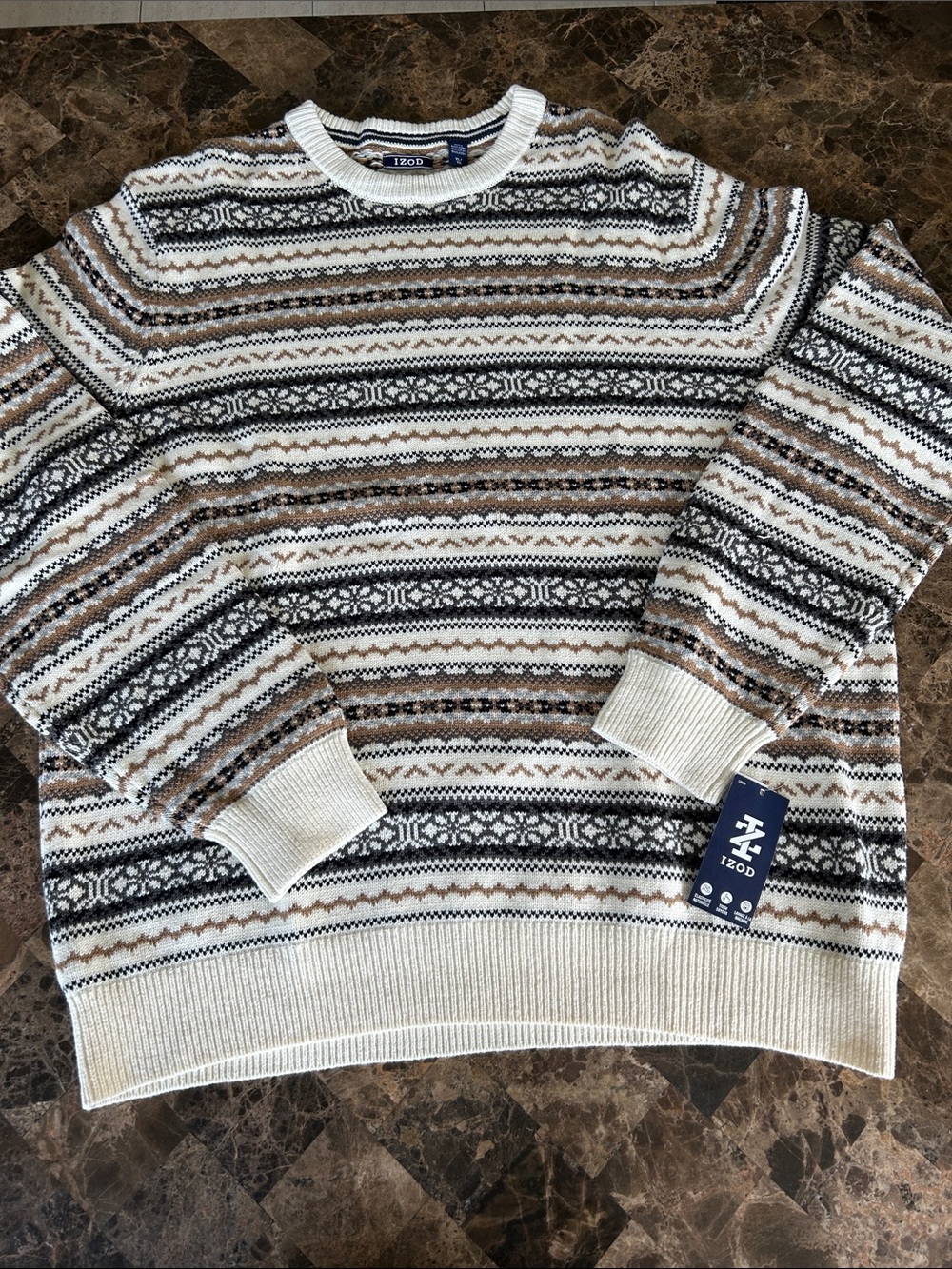 NWT 🆕 Izod Men’s Cream, Brown and Black Fair Isle Crewneck Sweater